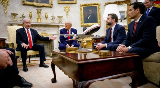 Israeli Prime Minister Benjamin Netanyahu, accompanied by U.S. President Donald Trump, U.S. Vice President J.D. Vance, Secretary of State Marco Rubio, and U.S. National Security Adviser Michael Waltz, speaks during a meeting in the Oval Office of the White House on April 7, 2025 in Washington, DC. (Kevin Dietsch/Getty Images)