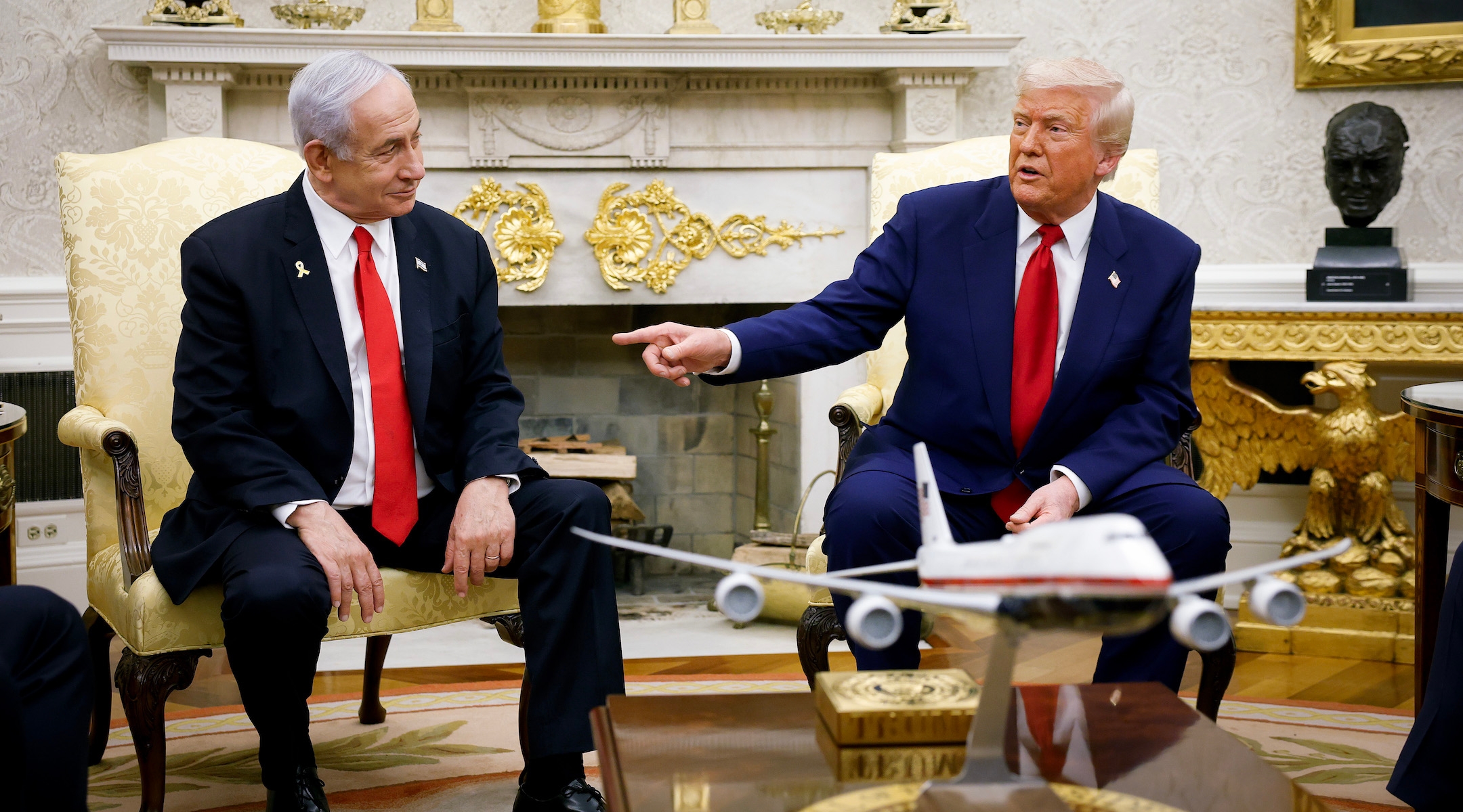 U.S. President Donald Trump, accompanied by Israeli Prime Minister Benjamin Netanyahu, speaks during a meeting in the Oval Office of the White House on April 7, 2025 in Washington, DC. (Kevin Dietsch/Getty Images)