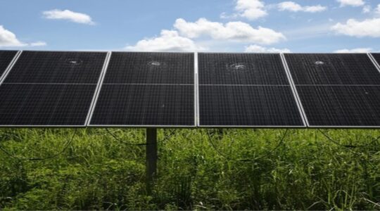 A row of damaged solar panels